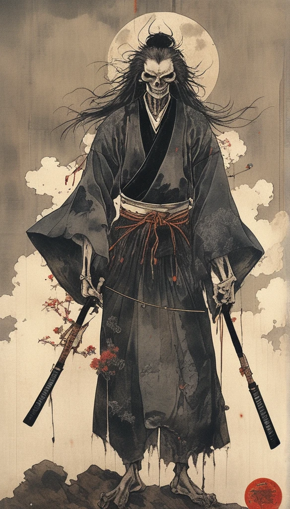 japanese line art    , a samurai( tied up  to a wooden steak with several arrows stuck in him,:1.2) lower body missing visible skeletal structure , ripped rags, rope and bloody ground, black skies and large moon , floral damask background ,  in the style of  takato yamamoto、masterpiece,best quality,absurdres,high details,8K,photorealistic,at distance,cowboy shot,1girl,amaizing body,long hair,makeup,outstretched arms,full body front photo,symmetrical pose,necromancer,bones ornament,graveyard,skeletons come out of the ground,creature,ancient,dark,evil,intricate, elegant, highly detailed, symmetry, magical atmosphere, sharp focus, majestic, very coherent, radiant, advanced, cinematic, artistic, fine detail, winning, beautiful, stunning, dramatic light, designed, rich deep colors, perfect professional background, ambient, tailored set composition
