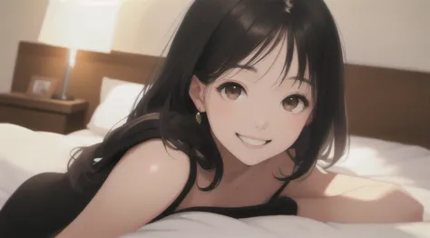 woman、One person、On the bed、Black knit、Looking up、Brown eyes、Black Hair、smile、front、Upper body close-up