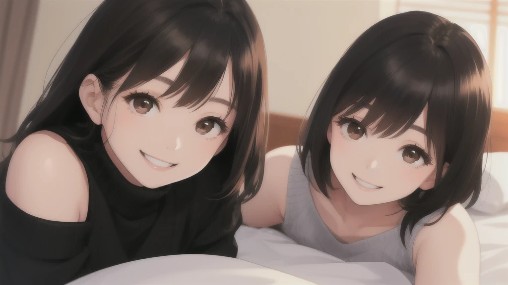 woman、One person、On the bed、Black knit、Looking up、Brown eyes、Black Hair、smile、front、Upper body close-up