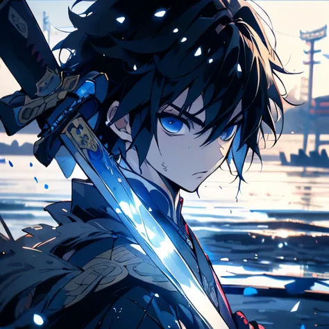 masterpiece、yoshiyu tomioka、tomioka、blue eyes、black hair、serious face、japanese sword、water background、upper body