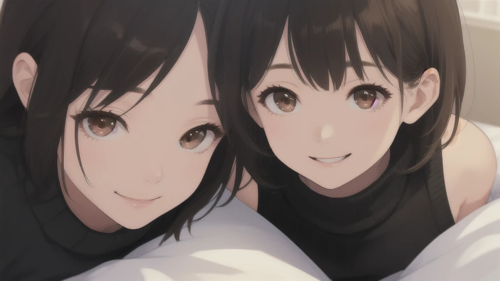 woman、One person、On the bed、Black knit、Looking up、Brown eyes、Black Hair、smile、front、Upper body close-up