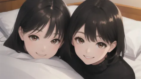 woman、One person、On the bed、Black knit、Looking up、Brown eyes、Black Hair、smile、front、Upper body close-up