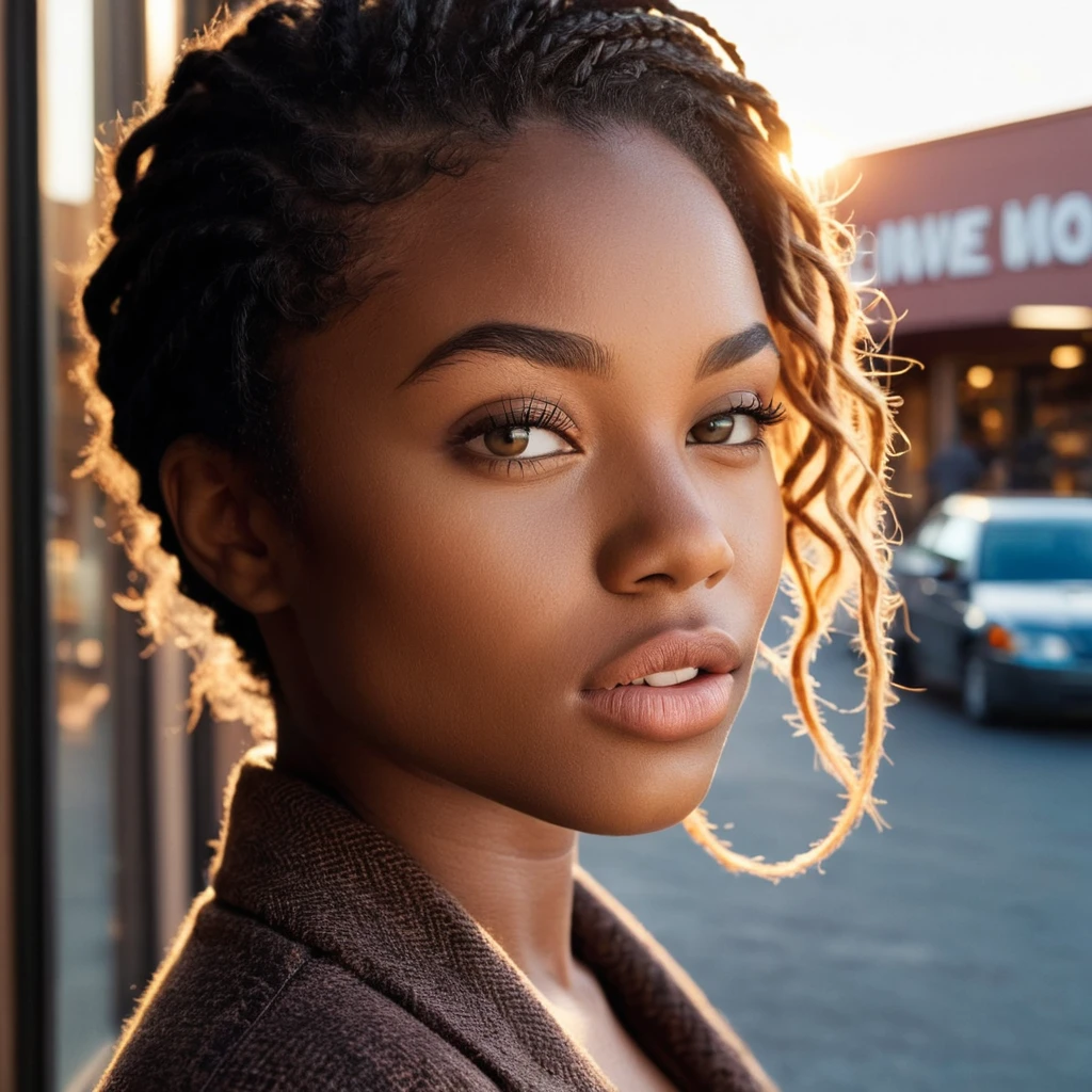 (Plan très rapproché, zoomer en gros plan portrait du visage:1.5) photo d&#39;un poids, (bouche fermée:1.5) Une Nigériane de 26 ans bouleversée avec des tresses courtes et droites, Cheveux noir de jais, grands yeux ambrés, visage rond, nez moyen, mâchoire définie, grande gueule, Sourcils broussailleux, menton haut, (seins petits:1.3), fesses toniques.
regardant vers le bas. Style moderne, à l&#39;intérieur d&#39;une cour , magasin visible à travers la vitrine, coucher de soleil, brumeux.
Éclairage cinématographique, couleurs vibrantes et tourbillonnantes, Texture détaillée de la peau, texture de tissu détaillée, beau visage parfait et détaillé, Détails nets et complexes, ultra haute résolution