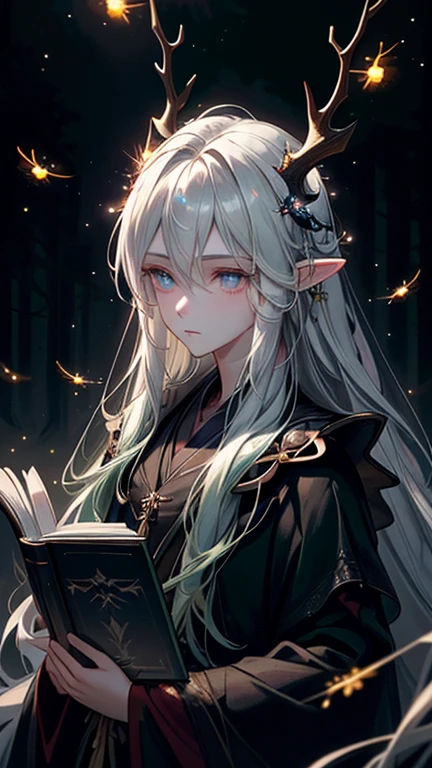 Masterpiece, Best Quality, High Quality, (Long Hair, White Hair), Close up, (glowing light blue eyes), (Darkness:1.2), (Fair Skin), (1Lady, Mythical Creatures, Dark Green Robe) , Solo, Calm, Antlers Deer Horns, (dynamic angle), pointy_ears, magic book, Nature, Fantasy, Abstraction, Deep Forest, Dark Forest, Award-winning photography, Depth of field, HDR, Very detailed, Trending in art stations, Trending in CGsociety, Complex, High detail,(Masterpiece:1.2, Best Quality), (Best Lighting, Very Delicate and Beautiful), (Best Lighting, Very Delicate and Beautiful), (Beautiful Detailed Face), (Detailed Eyes and Detailed Face:1.2), Dark Fantasy,  (depth of field),high contrast, (darkness night:1.4), (fireflies:1.4), Magnificent Dark Forest, Night