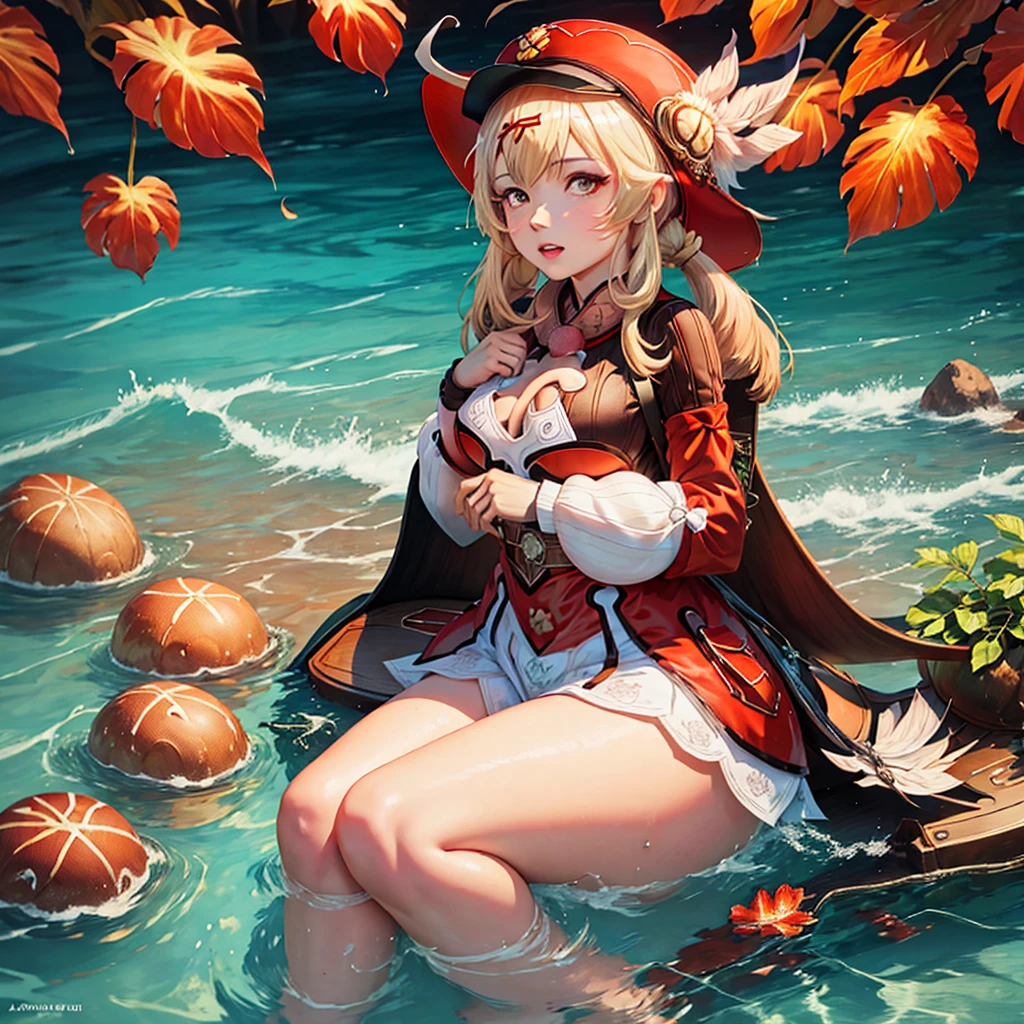 Anime-Mädchen sitzt im Wasser und trägt einen Hut, Anime-Zeichnung von Yang Jay, PIKIV, Fantasy-Kunst, Splash Art Anime , , Ayaka Genshin Impact, aus dem Videospiel Azur Lane, yoshitakka amano karol bak, von Wünschen, Ayaka-Spiel Genshin Impact