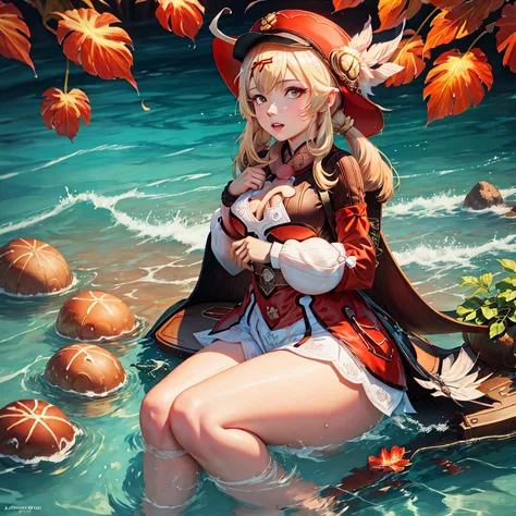 Anime girl sitting in the water wearing a hat, anime drawing of Yang Jay, PIKIV, Fantasy art, splash art anime , , Ayaka Genshin...