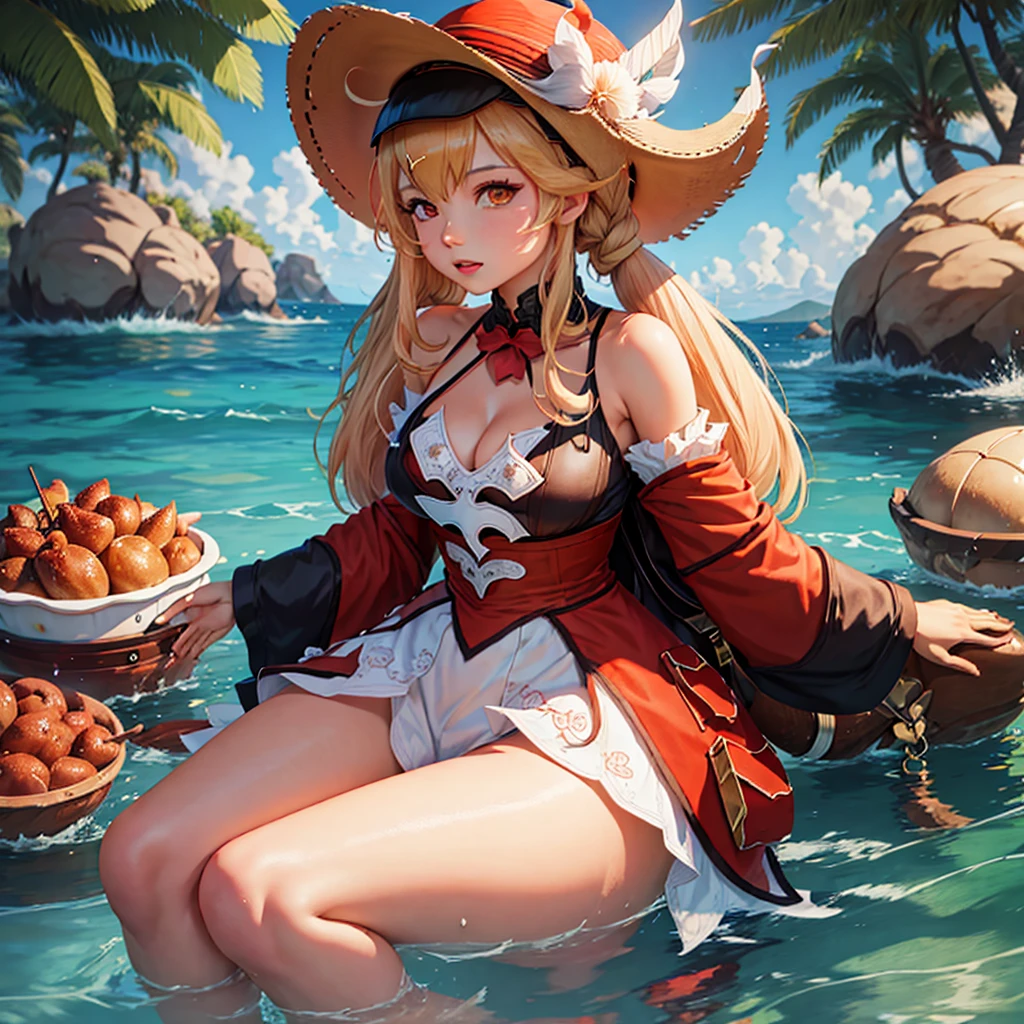 Anime-Mädchen sitzt im Wasser und trägt einen Hut, Anime-Zeichnung von Yang Jay, PIKIV, Fantasy-Kunst, Splash Art Anime , , Ayaka Genshin Impact, aus dem Videospiel Azur Lane, yoshitakka amano karol bak, von Wünschen, Ayaka-Spiel Genshin Impact