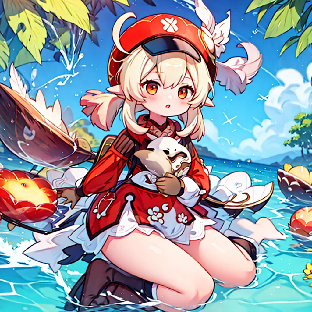 Anime girl sitting in the water wearing a hat, anime drawing of Yang Jay, PIKIV, Fantasy art, splash art anime , , Ayaka Genshin Impact, from the video game Azur Lane, yoshitakka amano karol bak, of desires, Ayaka game genshin impact