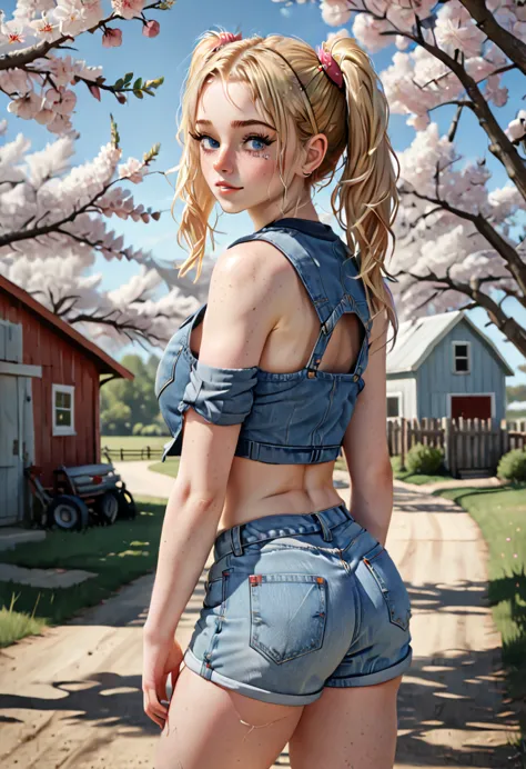 A freckled curvy strong farm tween. She is wearing a jean jack, crop top, and ripped Jean shorts, she is beautiful with low mess...