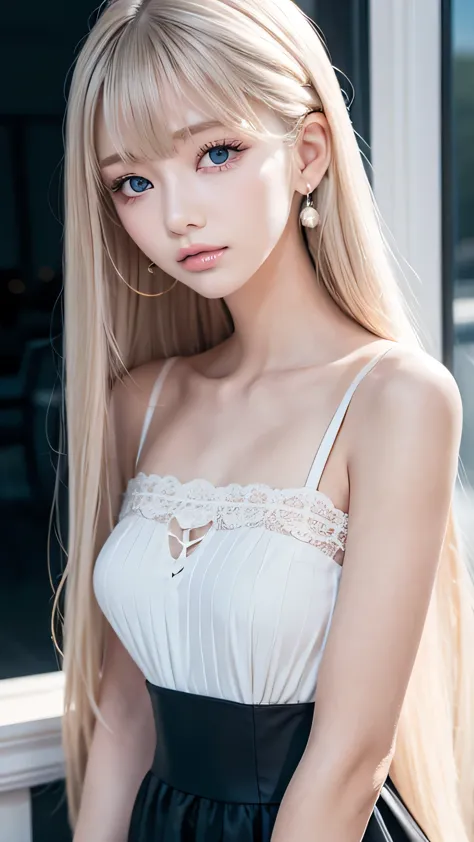 Very super long platinum blonde straight silky hair、15-year-old beautiful girl、Very beautiful shiny pretty face、Beautiful shiny ...