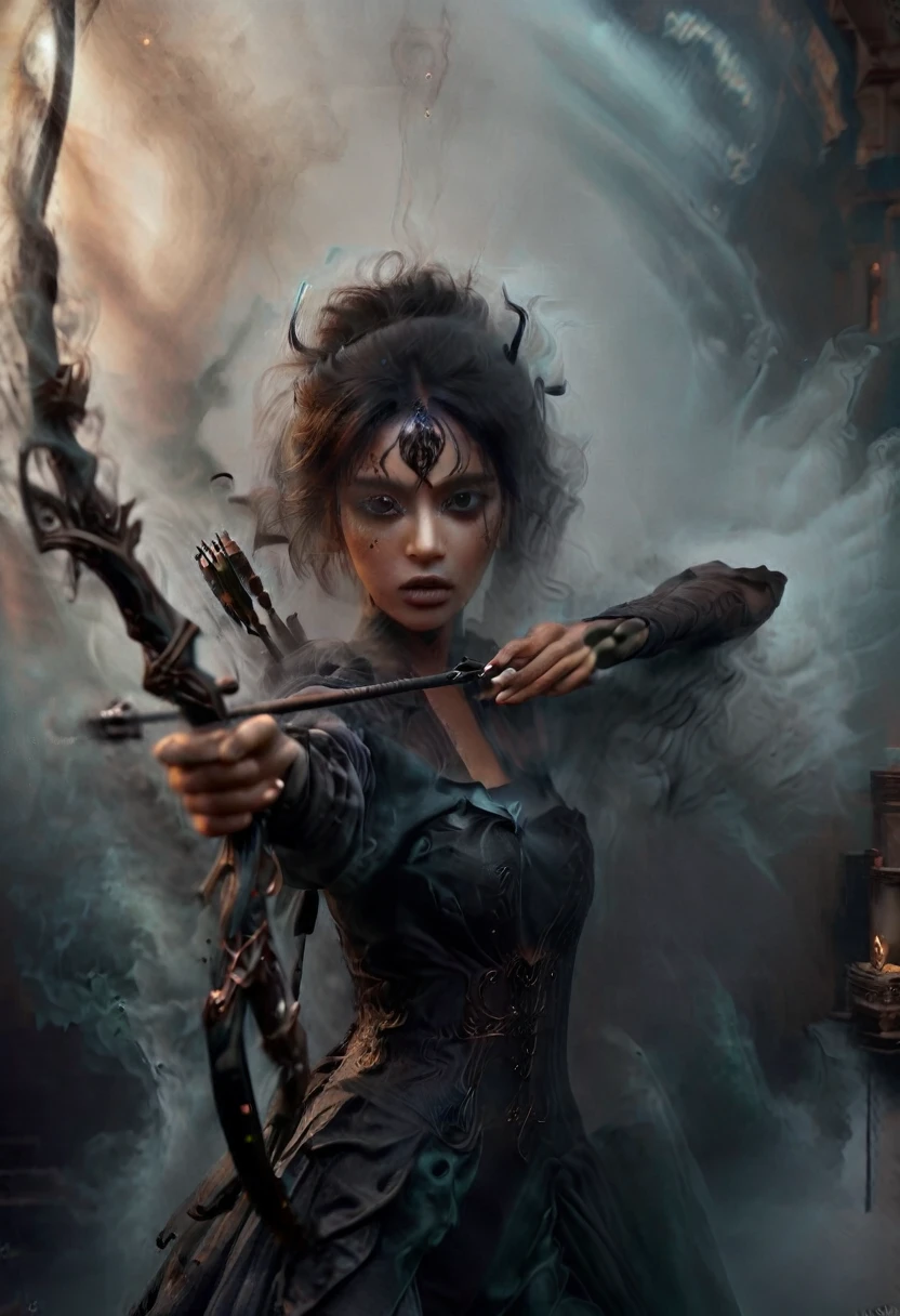 Action shot of beautiful aiming a black bow weapon, (smoke:1.5), bow and arrow, aiming at viewer, girl made up of black smoke, (partially concealed), african woman, dark skin, smoke on the water, covered by smoke, emerging from the shadows, bright eyes, glimpses, dark theme, foggy glass, cloaked in smoke, naked, wrapped in darkness, 8K, HD, amazing quality, HD, masterpiece, best quality, hyper detailed, ultra detailed, smoke in foreground