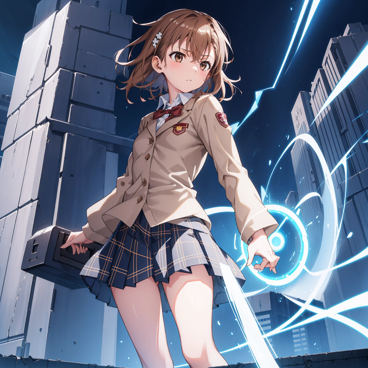 looking at viewer, 1 girl, Solo, misaka mikoto, Best quality, brown hair, brown eyes, perfect hair, detailed eyes, , small breasts, flat chest, big thighs, simple red bow on the neck, simple khaki jacket, simple jacket, buttoned jacket, jacket , pure khaki color jacket, White shirt, blue plaid skirt with criss-cross lines in black and tan, pleated skirt with black pleats and school style, Skyscrapers, Electric, Lightning, Futuristic, Technological, Power, Magnetic, High-tech, Railgun, Energy, Electromaster, Vibrant, Energetic, Dynamic, Action-packed, Thrilling, Rooftop, Power lines, Sparkling, Electrical arcs, Adventure, Streetlights, Charging, Pulsating, Pulse beams, Striking, Blue hues, Fast-paced, Skyline, Energy bolts, Neon lights, Urban sprawl, Overpass, Techno-wizardry, Unforgettable, electric powers, electric power around the girl, blue electricity, electric aura 40 11 2skip Yaki dofu