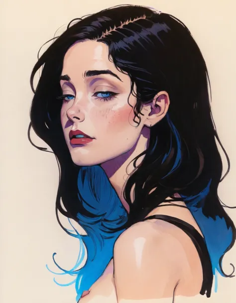 in style of graphic novel , portrait，in style of Joelle Jones, UV light across face character, ink art, side view
