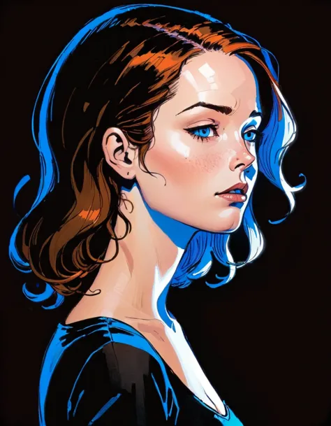 in style of graphic novel , portrait，in style of Joelle Jones, UV light across face character, ink art, side view
