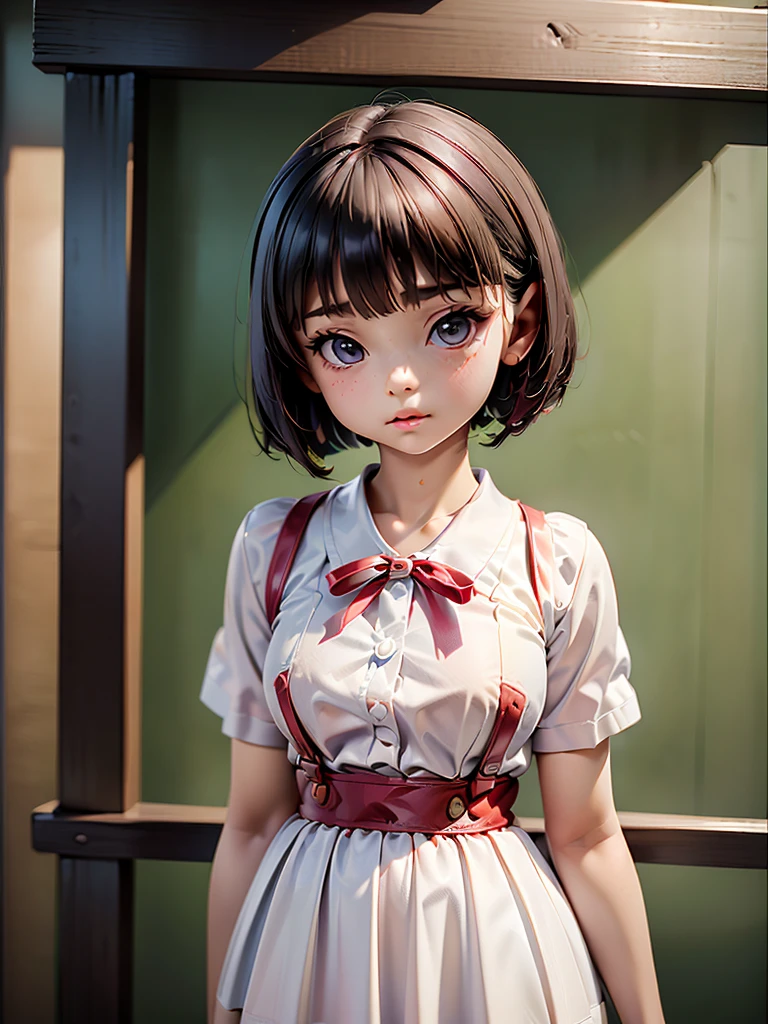 (masterpiece、high quality、High resolution、delicate、detailed:1.3)、( elementary school girl:1.2)、White shirt、Large Breasts、Red suspender mini skirt、Bobcut、