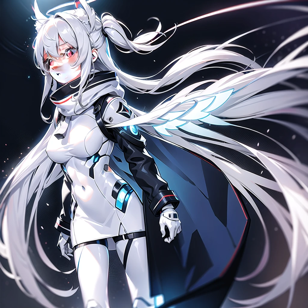 masterpiece, highest quality, highest resolution, clear_image, detailed details, White hair, long hair, cat ears, 1 girl, red eyes, white pantyhose, sci-fi military clothing, white scarf (white scarf around the neckwith a light blue glow), gray futuristic halo (gray halo over the head), white wings (4 wings), cute, no water marks, outer space