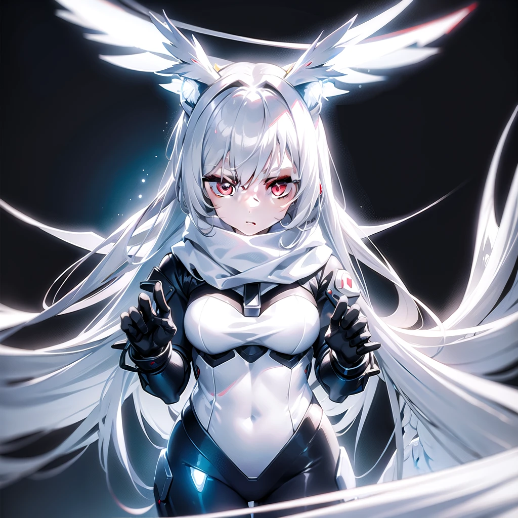 masterpiece, highest quality, highest resolution, clear_image, detailed details, White hair, long hair, cat ears, 1 girl, red eyes, white pantyhose, sci-fi military clothing, white scarf (white scarf around the neckwith a light blue glow), gray futuristic halo (gray halo over the head), white wings (4 wings), cute, no water marks, outer space