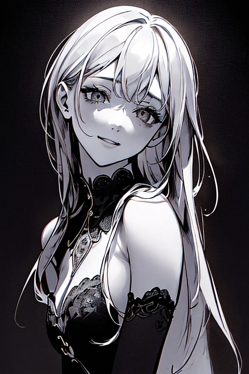 Highest quality, (Background details), High Contrast, Very beautiful woman, Detailed original illustrations、functional、Delicate face、Charm、Active、Cheerful、A kind smile、sexy、Real breasts、Head close-up, Black background, (Black background: 1.5), Beautiful line art、Monochrome