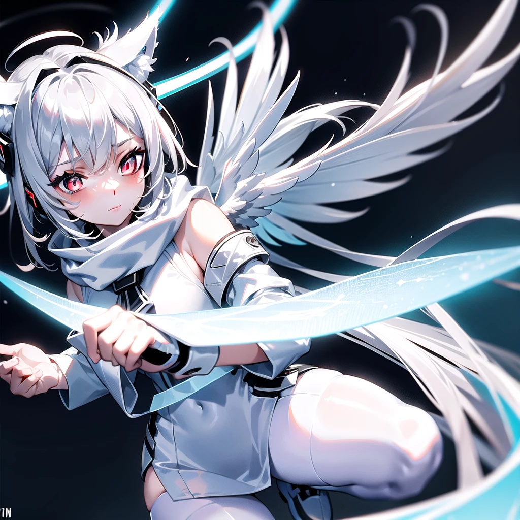 masterpiece, highest quality, highest resolution, clear_image, detailed details, White hair, long hair, cat ears, 1 girl, red eyes, white pantyhose, sci-fi military clothing, white scarf (white scarf around the neckwith a light blue glow), gray futuristic halo (gray halo over the head), white wings (4 wings), cute, no water marks, outer space