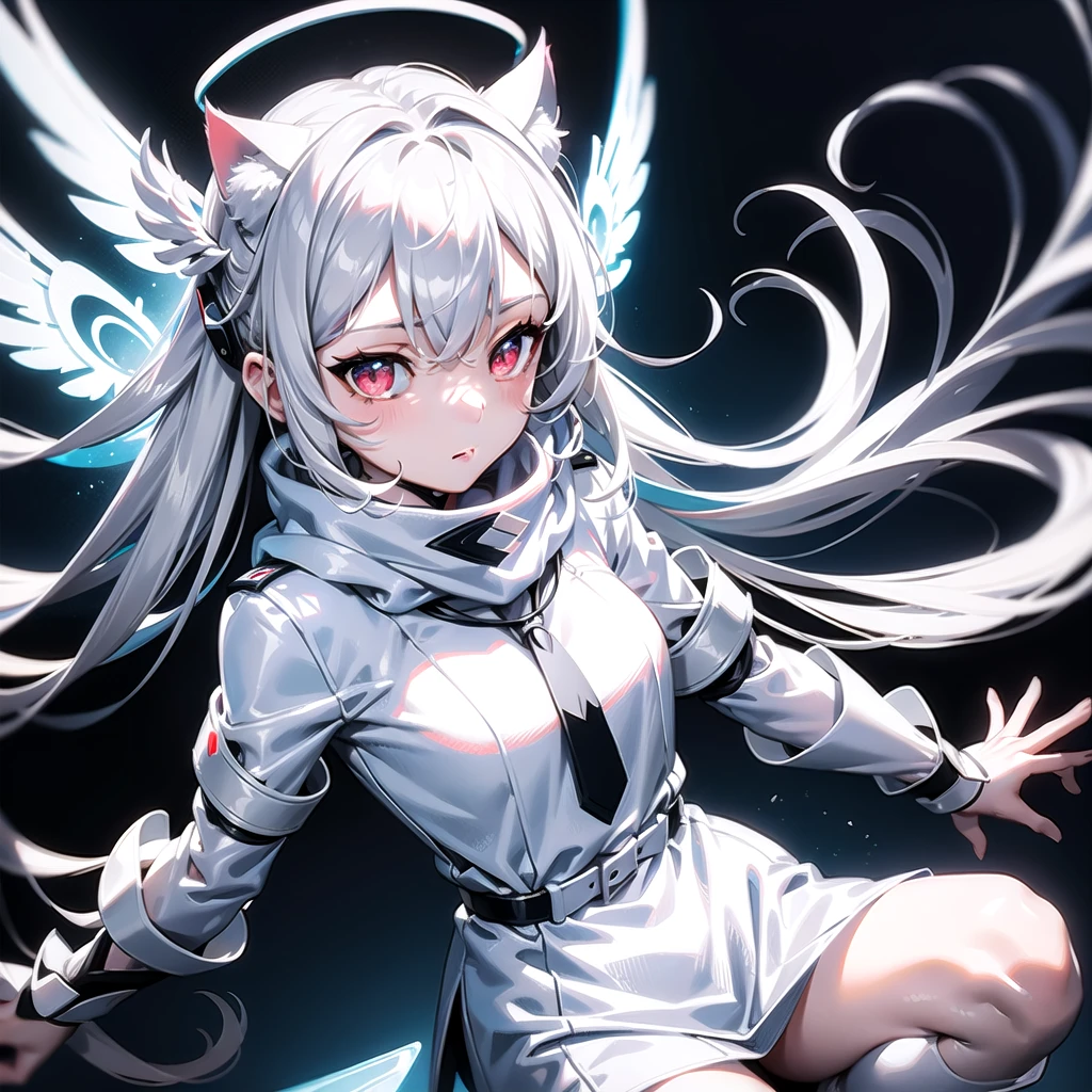 masterpiece, highest quality, highest resolution, clear_image, detailed details, White hair, long hair, cat ears, 1 girl, red eyes, white pantyhose, sci-fi military clothing, white scarf (white scarf around the neckwith a light blue glow), gray futuristic halo (gray halo over the head), white wings (4 wings), cute, no water marks, outer space