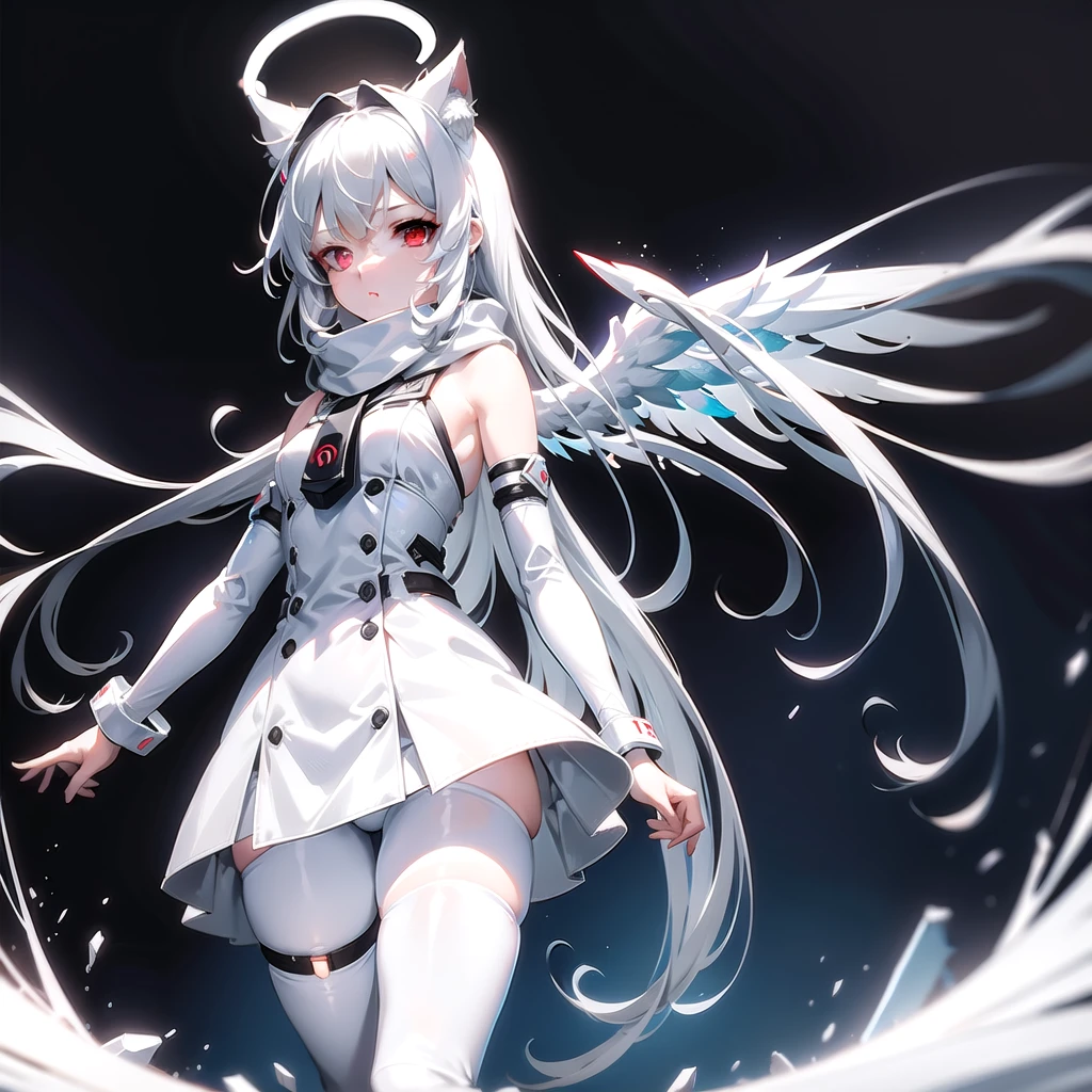 masterpiece, highest quality, highest resolution, clear_image, detailed details, White hair, long hair, cat ears, 1 girl, red eyes, white pantyhose, sci-fi military clothing, white scarf (white scarf around the neckwith a light blue glow), gray futuristic halo (gray halo over the head), white wings (4 wings), cute, fulld body, no water marks, outer space