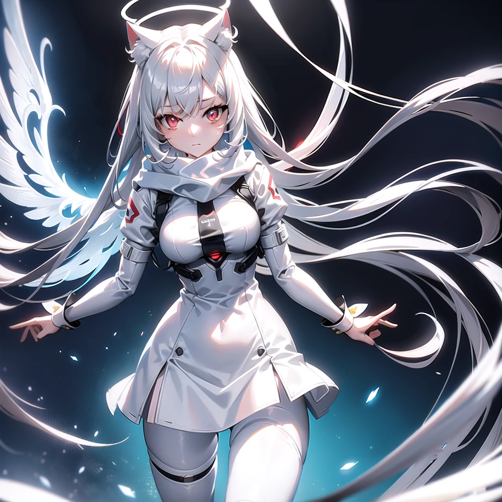 masterpiece, highest quality, highest resolution, clear_image, detailed details, White hair, long hair, cat ears, 1 girl, red eyes, white pantyhose, sci-fi military clothing, white scarf (white scarf around the neckwith a light blue glow), gray futuristic halo (gray halo over the head), white wings (4 wings), cute, fulld body, no water marks, outer space