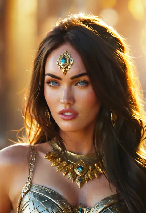 hyper realistic, full body, ultra detailed photograph of a barbarian woman, ((megan fox:1.25)), golden jewelry, shiny, sunlight ...