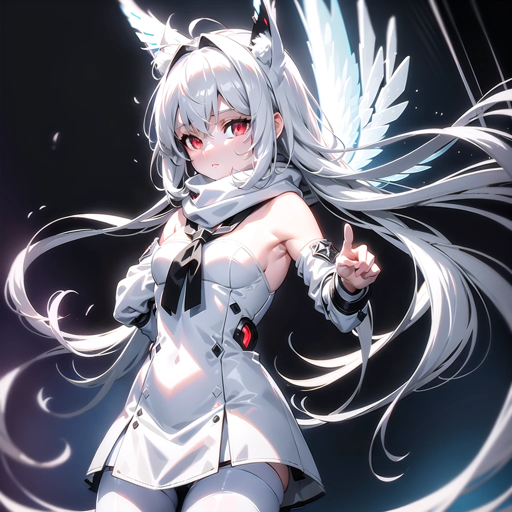 masterpiece, highest quality, highest resolution, clear_image, detailed details, White hair, long hair, cat ears, 1 girl, red eyes, white pantyhose, sci-fi military clothing, white scarf (white scarf around the neckwith a light blue glow), gray futuristic halo (gray halo over the head), white wings (4 wings), cute, fulld body, no water marks, outer space