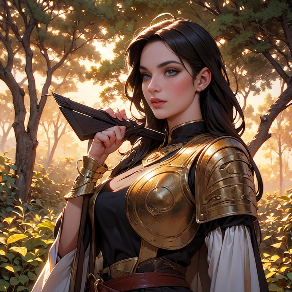 a woman aiming bow and arrow, medieval fantasy archer, detailed facial features, beautiful detailed eyes, beautiful detailed lips, extremely detailed face, long eyelashes, flowing hair, elegant pose, medieval dress, leather armor, rustic forest background, golden hour lighting, cinematic composition, muted color palette, warm tones, vibrant colors, dramatic lighting, photorealistic, 8k, high quality, intricate details, masterpiece, concept art