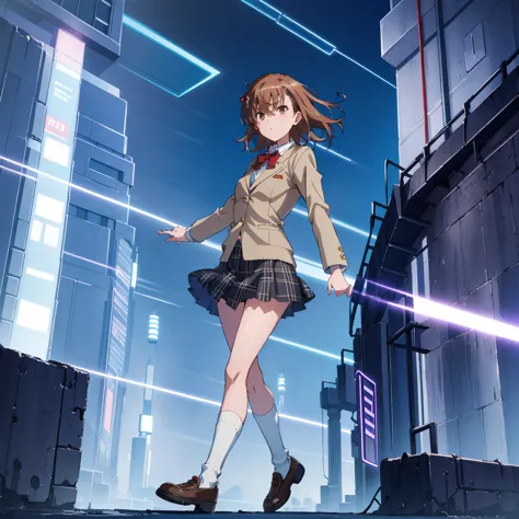 looking at viewer, 1 girl, Solo, misaka mikoto, Best quality, brown hair, brown eyes, perfect hair, detailed eyes,bowtie, brown ...