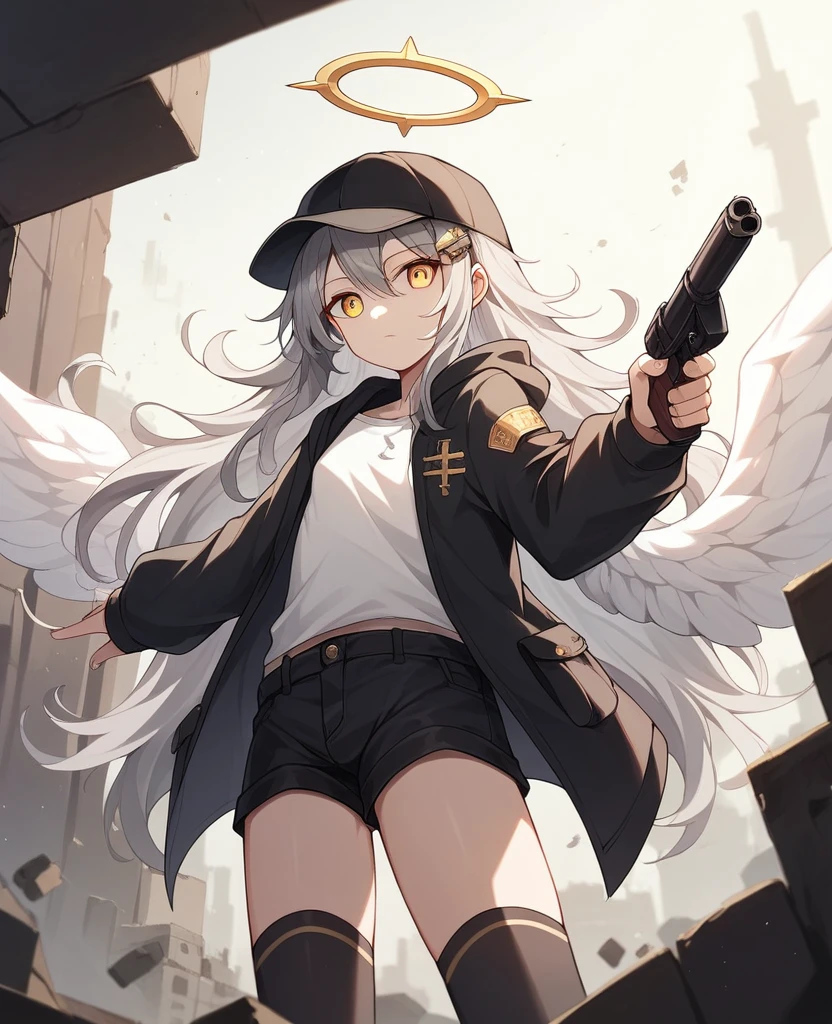 , masterpiece, Highest quality, Very detailed, CG, 8k wallpaper, Pretty face, Delicate eyes, country々, alone, 白いLong Hair, Yellow Eyes, hairpin, hairpin, White shirt, black hooded jacket, Black shorts,Black baseball cap,Black Stockings, City in Ruins,NSFW,(masterpiece, Highest quality:1.3), (Super detailed:1.3), One girl, alone, (Gray Hair, Messy Hair, Long Hair), (Angel Wings, Angel Halo), Flat Chest, Yellow Eyes,Dynamic Angle,Character portrait,Possession of a gun(shotgun:M1887),Pointing a Gun