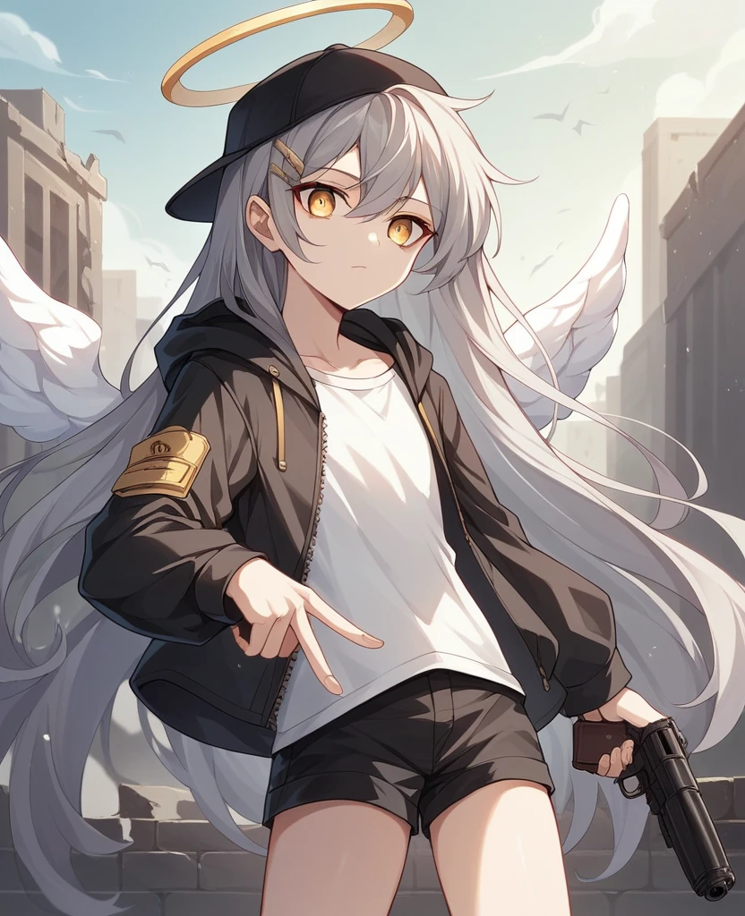 , masterpiece, Highest quality, Very detailed, CG, 8k wallpaper, Pretty face, Delicate eyes, country々, alone, 白いLong Hair, Yellow Eyes, hairpin, hairpin, White shirt, black hooded jacket, Black shorts,Black baseball cap,Black Stockings, City in Ruins,NSFW,(masterpiece, Highest quality:1.3), (Super detailed:1.3), One girl, alone, (Gray Hair, Messy Hair, Long Hair), (Angel Wings, Angel Halo), Flat Chest, Yellow Eyes,Dynamic Angle,Character portrait,Possession of a gun(shotgun:M1887),Pointing a Gun