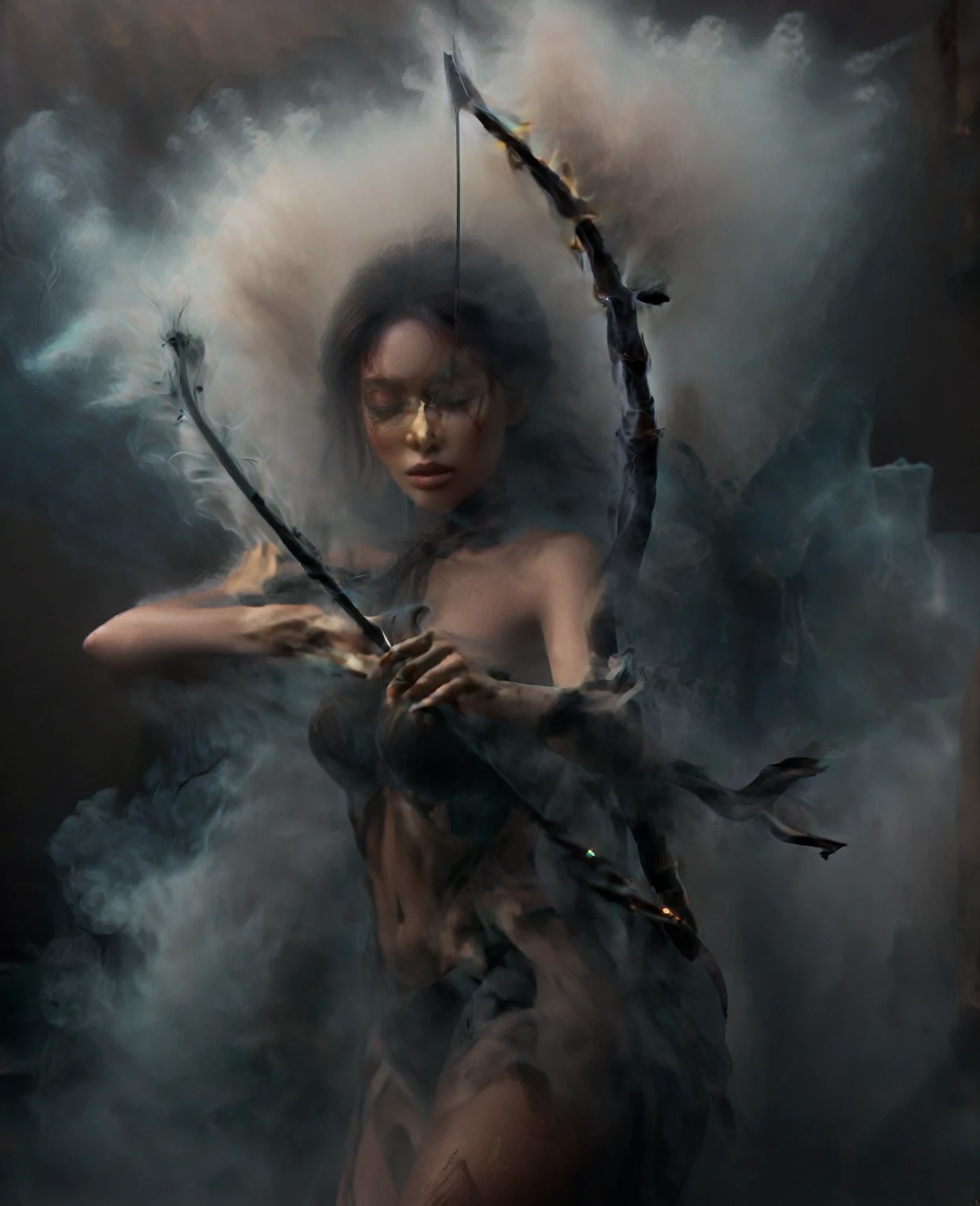 Action shot of beautiful aiming a black bow weapon, (smoke:1.5), bow and arrow, aiming at viewer, girl made up of black smoke, (partially concealed), african woman, nude, very dark skin, smoke on the water, covered by smoke, emerging from the shadows, bright eyes, glimpses, dark theme, foggy glass, cloaked in smoke, naked, sideboob, curves, wrapped in darkness, 8K, HD, amazing quality, HD, masterpiece, best quality, hyper detailed, ultra detailed, smoke in foreground