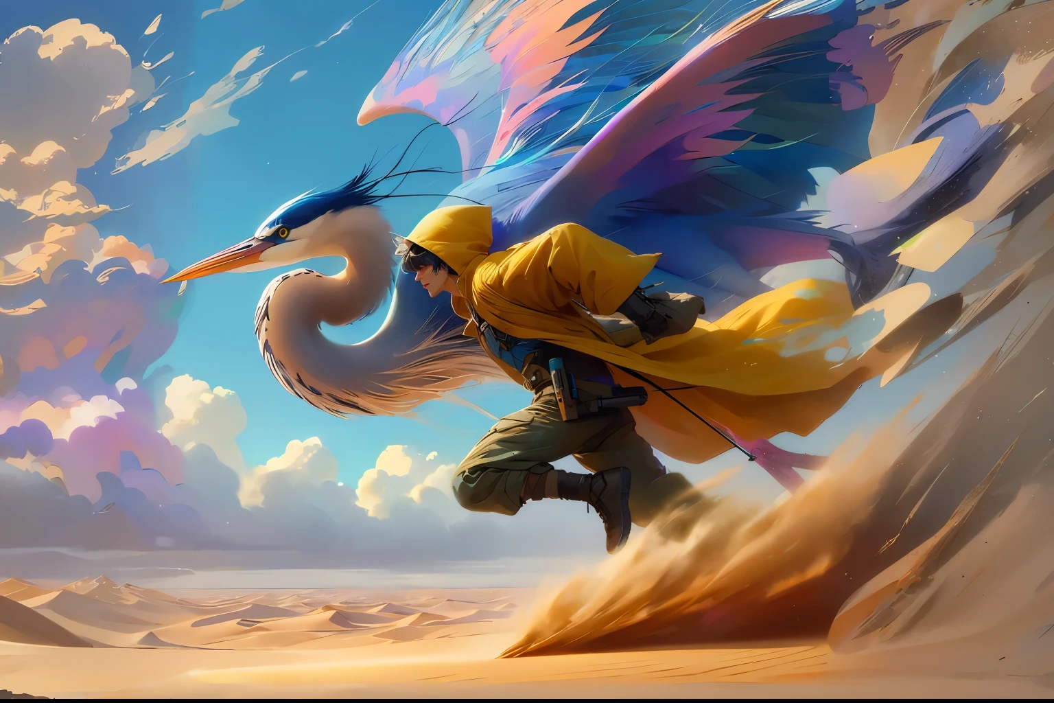 Man riding on the back of a blue heron, bird looks like blue heron, blue sky desert sands, long shot, man wearing long dusty yellow overcoat with hood and futuristic goggles, large vista, running, wind blowing, muted pastel multicolors feathers slightly curly, paint splatter, paint splatter, throwing up dust, sand dunes, running in desert sand, kicking up sand, dust, sand plumbs, fluffy white clouds tinged in pinks, oranges and violet, anime impressionist art style, 8k resolution,