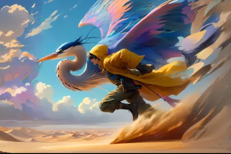 Man riding on the back of a blue heron, bird looks like blue heron, blue sky desert sands, long shot, man wearing long dusty yel...