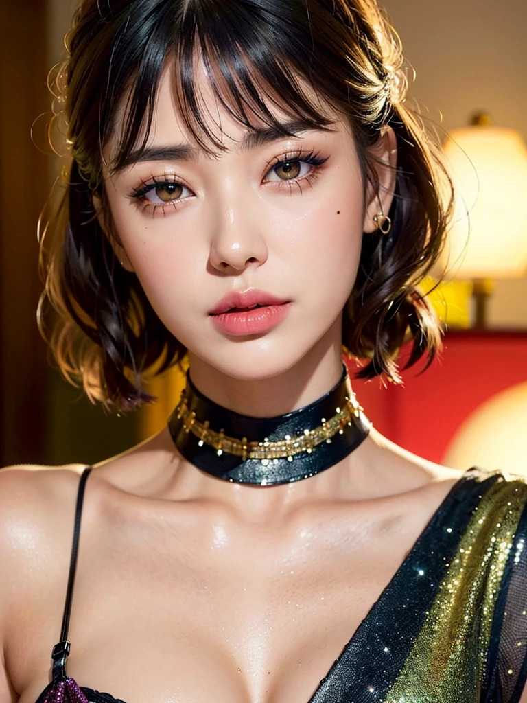 1girl, alone, solitary, high quality, (best quality,4k,8k,highres,masterpiece:1.2),ultra-detailed,(realistic,photorealistic,photo-realistic:1.37),gorgeous hair,black hair,short hair with bangs,sharp eyes,mole under the eye,plump lips,jewelry,(high detailed skin:1.4),(rim lighting:1.3),(lit:1.3),(sunny day:1.3),portrait,beautiful lips,bob haircut,seductive gaze,moles,casual clothes,colorful clothing,close up,bob hair,choker necklace,light eyes,bangs,fringe,28 year old,dimples on the cheeks,dimples,jet black hair,darkhair,dark black hair,black,red lips,red lipstick,round lips,round pouty lips,pouty lips,douyin makeup,sparkly makeup,glitter,contact lenses,blue,green,pink,purple,wine red,highlights,braids,braided,colored highlights,piercings,gems,lipstick,lip gloss