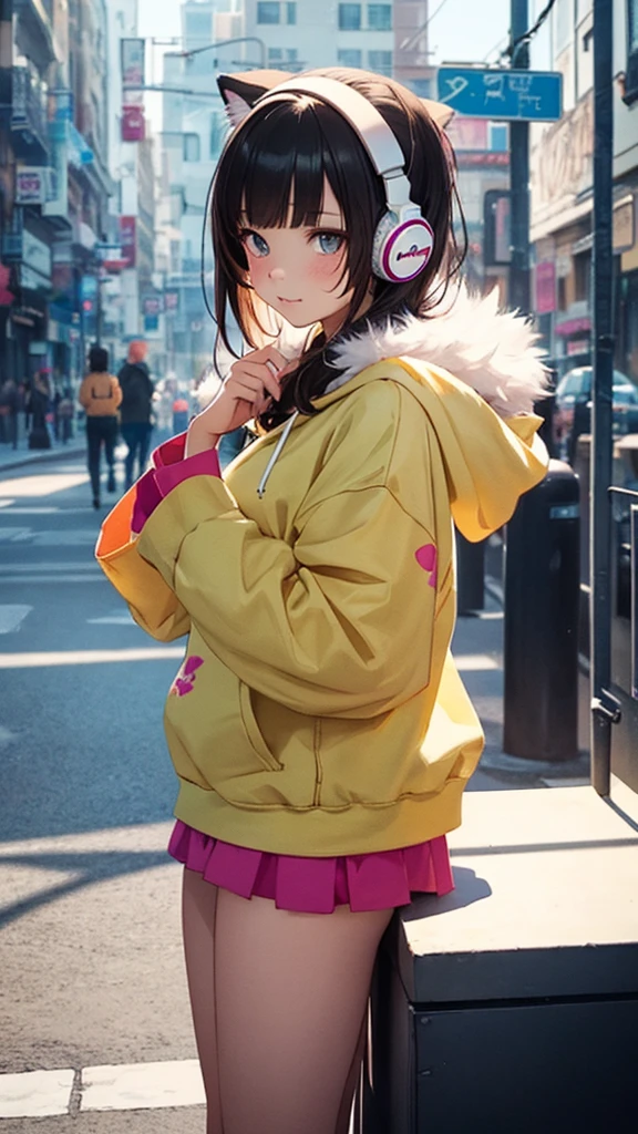 Cute cat with fluffy fur wearing one hoodie and headphones, The background is modern and inorganic, Adorable digital painting, 3D Rendering, Bright lighting, Vibrant colors,