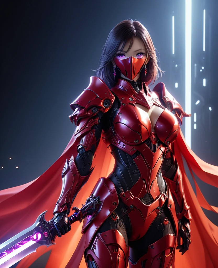 Woman in a futuristic suit, Very detailedな顔, Nice, Mother, Tomboy, Very large breasts, combat uniform, Cyber Suit, Anime girl in a tight suit, Milfication, Elegant body, Focus on the navel, gloves, Earrings, foot armor, sf, Female protagonist, Are standing, Volumetric Light, Detailed lighting, Detailed Texture, BoobsCyberpunk, Biomechanical , masterpiece, Top quality eyes, sci-fi background, Futuristic landscape、Finding、ultra-realistic, ultra-realistic, Very detailed, (Cyber Samurai, ((alone)), attack with red sword, Wearing red armor and a mask, cape, Shineing beautiful purple eyes, Shine:1.3) (Shineing simple black background:1.25),