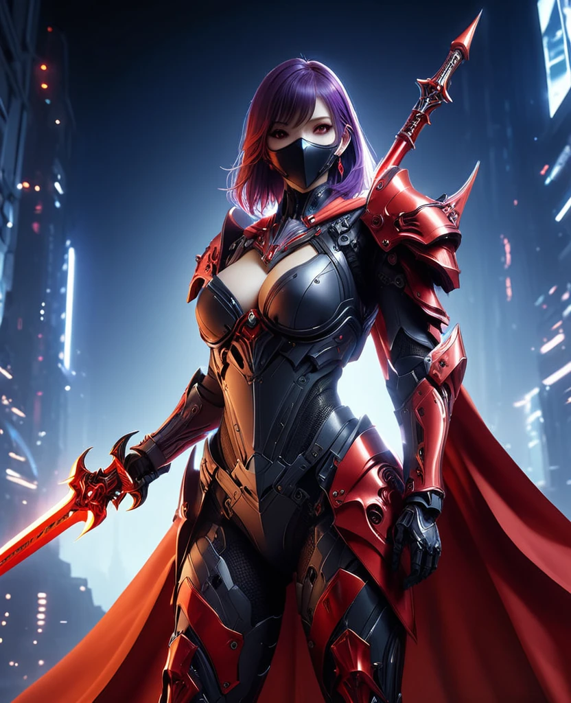 Woman in a futuristic suit, Very detailedな顔, Nice, Mother, Tomboy, Very large breasts, combat uniform, Cyber Suit, Anime girl in a tight suit, Milfication, Elegant body, Focus on the navel, gloves, Earrings, foot armor, sf, Female protagonist, Are standing, Volumetric Light, Detailed lighting, Detailed Texture, BoobsCyberpunk, Biomechanical , masterpiece, Top quality eyes, sci-fi background, Futuristic landscape、Finding、ultra-realistic, ultra-realistic, Very detailed, (Cyber Samurai, ((alone)), attack with red sword, Wearing red armor and a mask, cape, Shineing beautiful purple eyes, Shine:1.3) (Shineing simple black background:1.25),