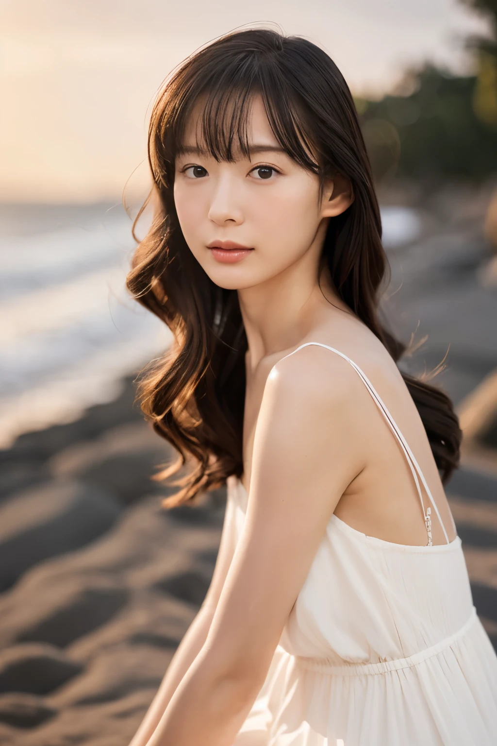 Create a high-quality, hyper-realistic portrait of a very beautiful Japanese idol. She is wearing a clean white summer dress and is squatting on the beach during sunset at sea. The deep indigo of the night sky contrasts with the last vestiges of crimson near the horizon, with swaying waves in the background. The girl has semi-long hair and a slender body with small breasts. The photo should capture her with detailed eyes, a detailed face, and a beautiful, sophisticated nose. The image should have a realistic, delicate, and finely detailed quality, suitable for a fashion magazine cover. Use cinema lighting and soft light to enhance her features. Ensure the photo is of the highest quality, with a resolution of 8K, making it perfect for a 2K wallpaper.