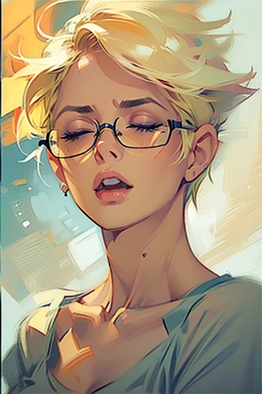 (Close-up of woman's face:1.4). Getting ((aroused:1.1)), ((closed eyes, moan:1.4)). Athletic blonde woman, (short hair), tomboy, cute, Reading glasses, t-shirt, panties, very light makeup. ((Masterpiece, best quality)),edgQuality, edgOrgasm,face focus.