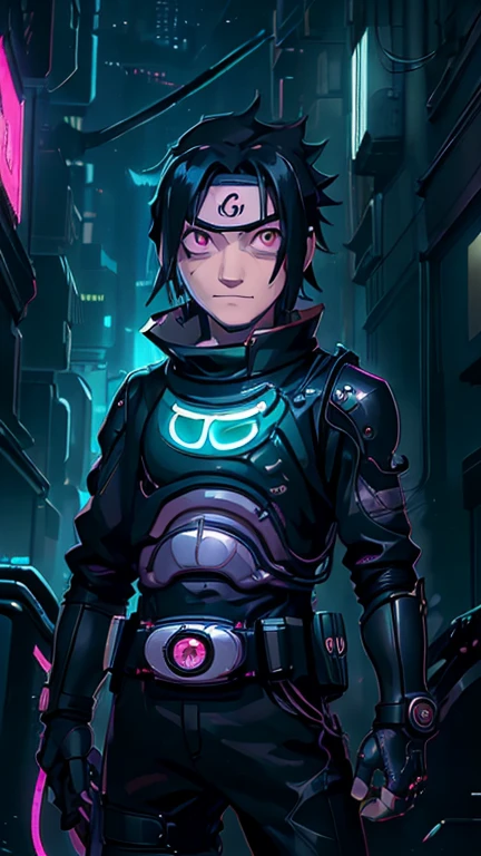 best quality,masterpiece,1boy,solo,(((13years old))),japanese boy,an extremely cute and handsome hoy,highly detailed handsome face and eyes,petit,cute face,lovely face,baby face,shy smile,show teeth, Black hair,short hair,flat chest,skinny,slender,(((Uchiha Sasuke wearing Kamen Rider costume))),(((standing in Dark Midnight Neon Glow light Cyberpunk Gotham city))),he is looking at the viewer,