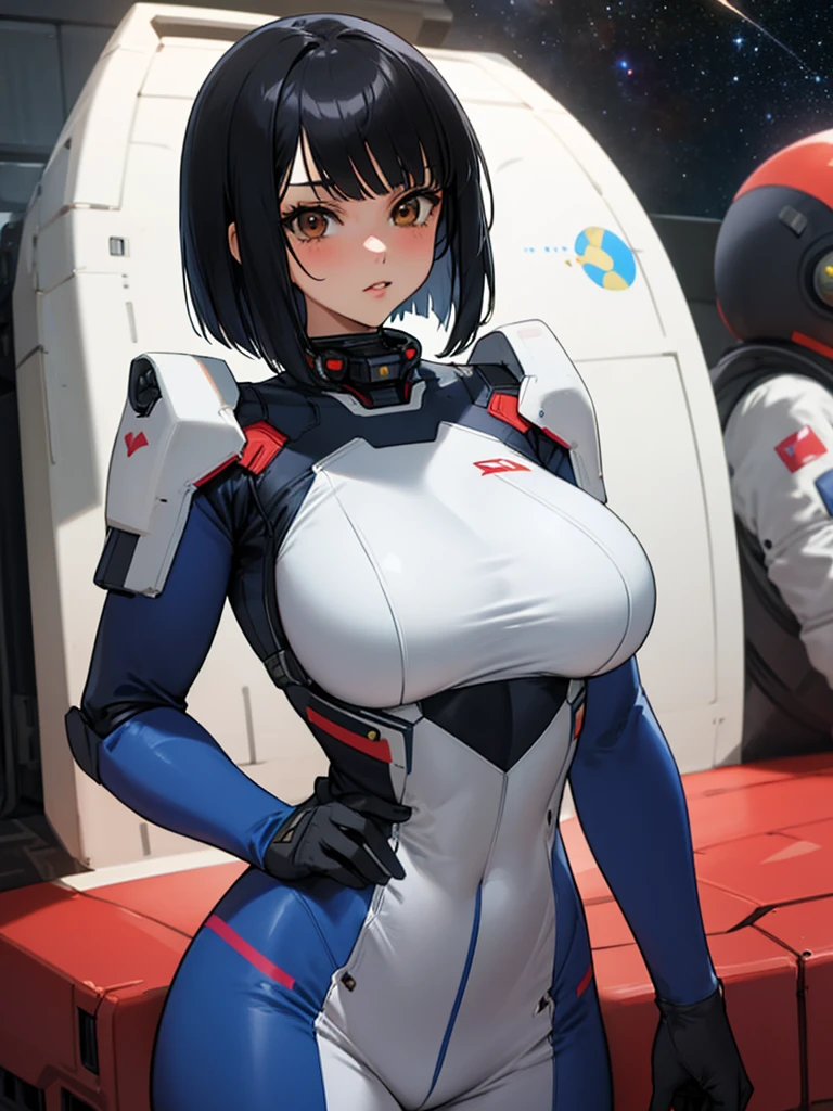 Youthful anime girl, short girl, busty girl, sci-fi explorer, Sci-Fi adventurer, spacesuit, bodysuit, under suit, armor suit, hot girl, supermodel body, huge breasts, heavy breasts. Brown eyes, dark black hair, short hair, long bangs, inverted bob