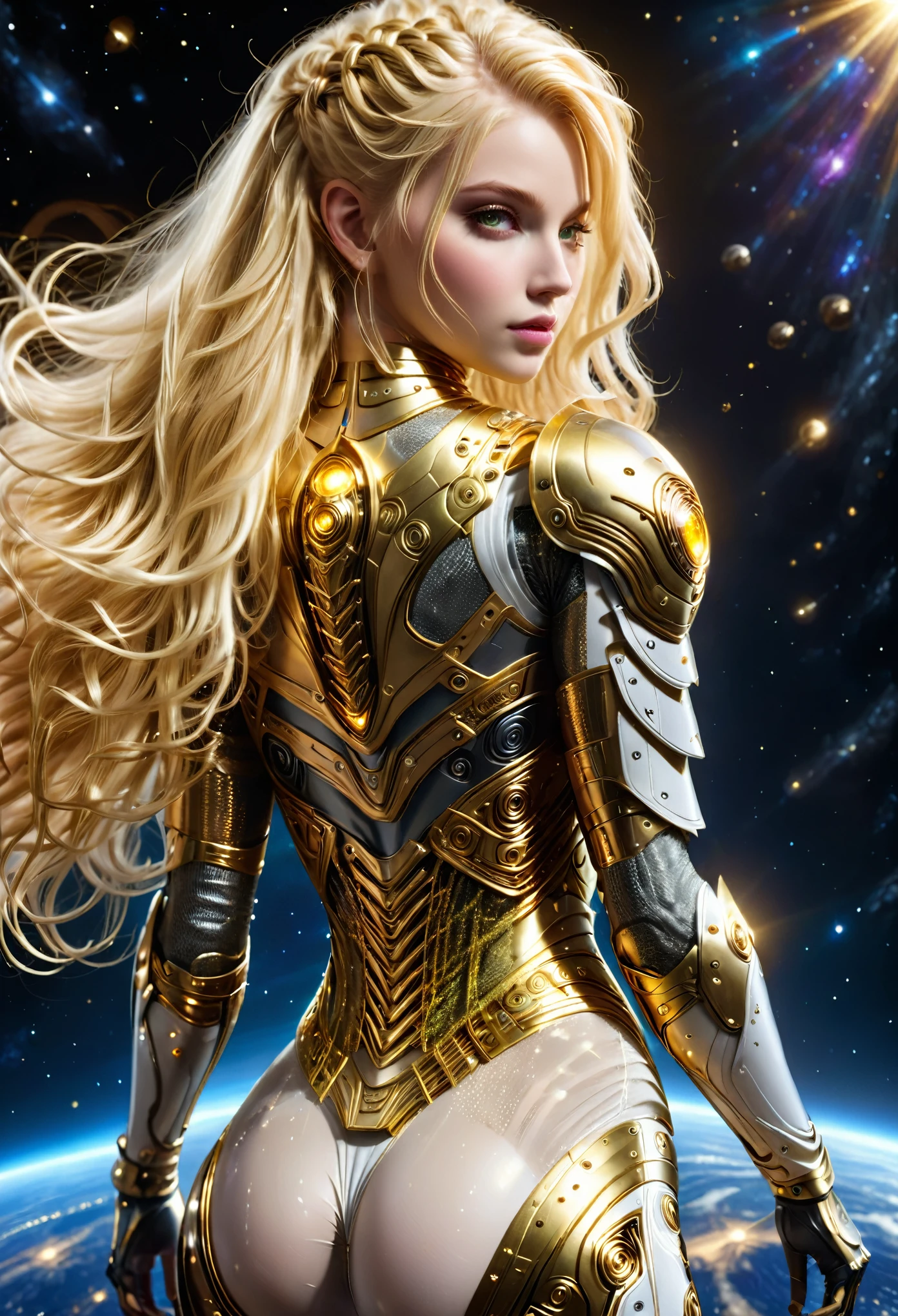 BOMBSHELL BLONDE VALKYRIE FLYING OUTERSPACE, , PALE SKIN, YELLOW EYES, HIGH CHEEKBONES, ROSY CHEEKS, MENTAL FORAMEN, HUGE LONG HAIR, DOUBLE BRAIDED HAIR, GOLD THONG LEOTARD ARMOUR, LONG SLEEVES, GOLD UNDER BODYSUIT, GOLD NECK BODYSUIT, LONG GOLD GAUNTLETS, ATHLETIC CURVY BODY, DETAILED QUADRICEPS, MUSCLES, BACK BODY VIEW,  GOLD SHOES, FULL BODY PERSPECTIVE, SPRITE LIGHTINGS, OUTERSPACE, RAYS OS LIGHT, SUN, BACK LIGHTS, NIGHT SKY, ACCURATE IMAGE, MASTERPIECE.