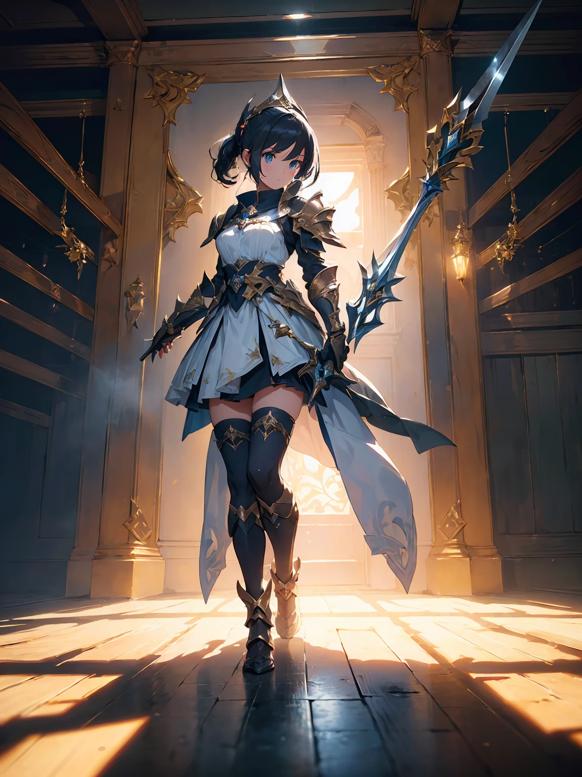  (((masterpiece, highest quality, 8k))) Design a layout showcase Gaming character, (1girl). Golden+Purle clothes, stylish and unique, ((showcase weapon:1.4)), magic staff, (masterpiece:1.2), (best quality), 4k, ultra-detailed, (Step by step design, layout art:1.5), (luminous lighting, atmospheric lighting), magican, ((glove full hands)), (((revealing clothes:1.3))), vambraces, armored legwear, (((full_body_shot:1.4)))
