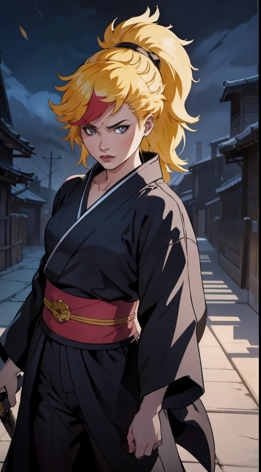 a beautiful kunoichi, highly detailed face, piercing eyes, detailed lips, long eyelashes, flowing long hair, detailed kimono, detailed sword, dark moody atmosphere, cinematic lighting, dramatic shadows, vibrant colors, intricate background details, fullbody shot, cowboy shot