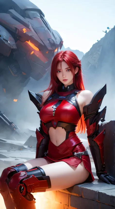 beautiful woman sitting on the shoulder of big giant robot gundamlike, red hair, short skirt, big breasts, detailed face, detail...