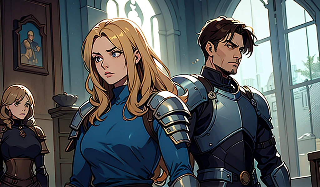 a man in a dry blue thermal shirt and blond hair. a girl with brown hair and wearing fitted clothes. a dark man in heavy knight armor.