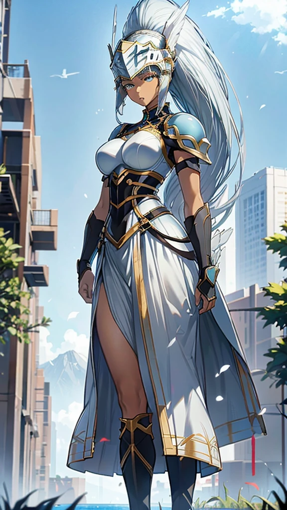 Anime, 1 girl, Ebony skin, mega ponytail hairstyle, pure white hair, Sea BLUE eyes, medium bust, valkyrie's winged helmet, white valkyrie's armor, black Long large skirt, white gauntlets, white Boots, Ebony skin, serious face, large wings