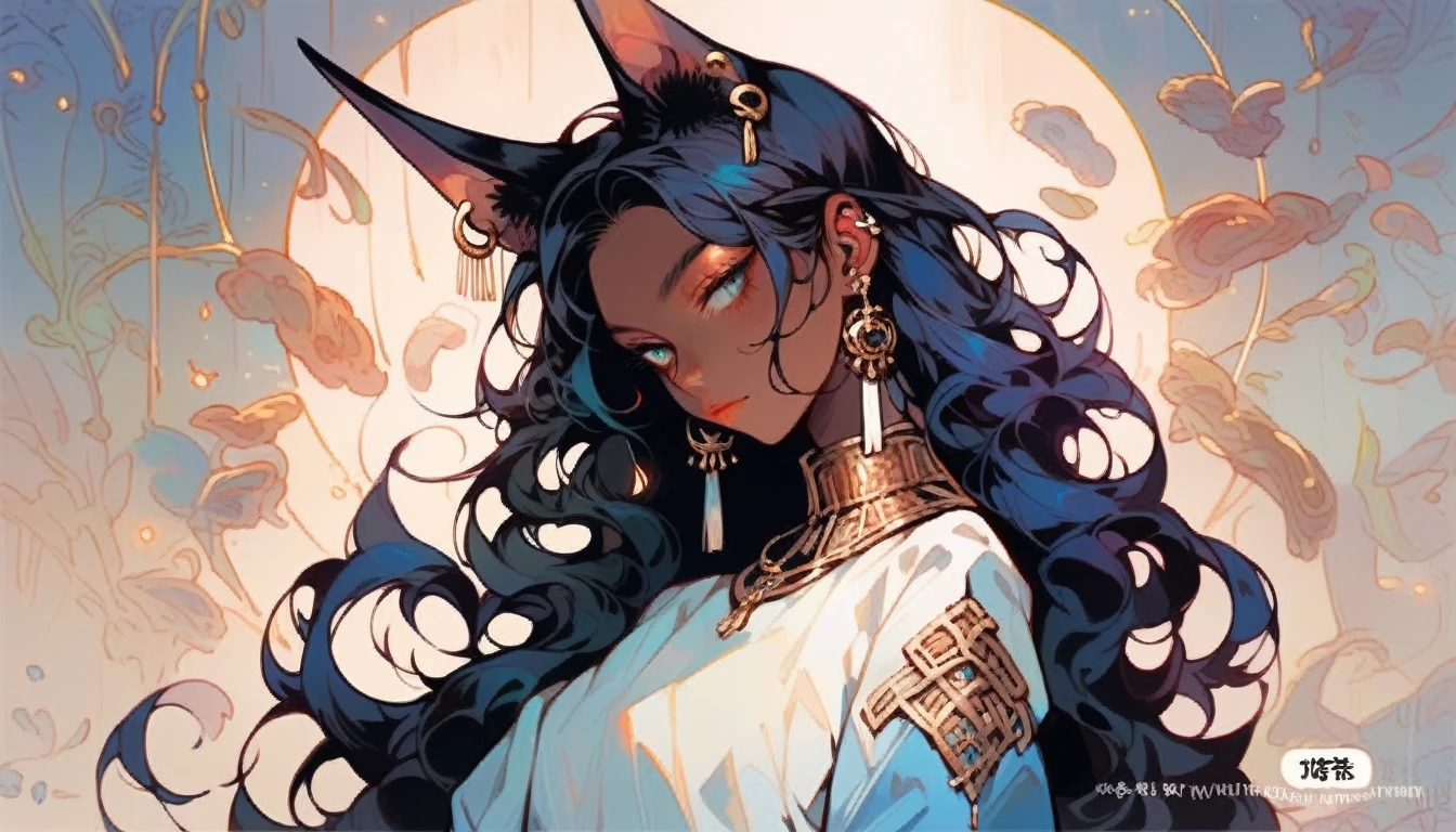 1 Girl，Cat ears，Dark skin tone的女性，Dark skin tone，clothing，earrings，Jackal ears，Jewelry，Long hair,，beautiful girl,Standing，Sexy pose，Blue Hair，skin，Keep your mouth shut，Wear，whole body，solo，Standing，Cat&#39;s Tail，埃及Catwoman神, bet, Wearing golden cat armor, Catwoman, Egyptian God, Neferibido,Color model table turnover, character turnaround, Animation character design, whole body拍摄转身, detailed whole body概念艺术, Colorful Concept Art, Anime Concept Art, whole body角色概念艺术, whole body概念艺术, game character concept art, Reference Model Table, Character Concept Reference Art，